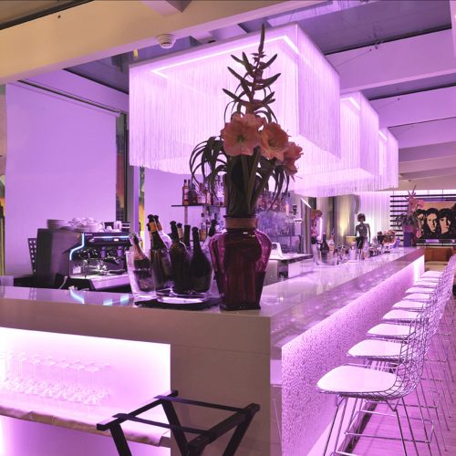 Hotel N'Vy bar counter with fabulous chandeliers pendants. Gitaly contract